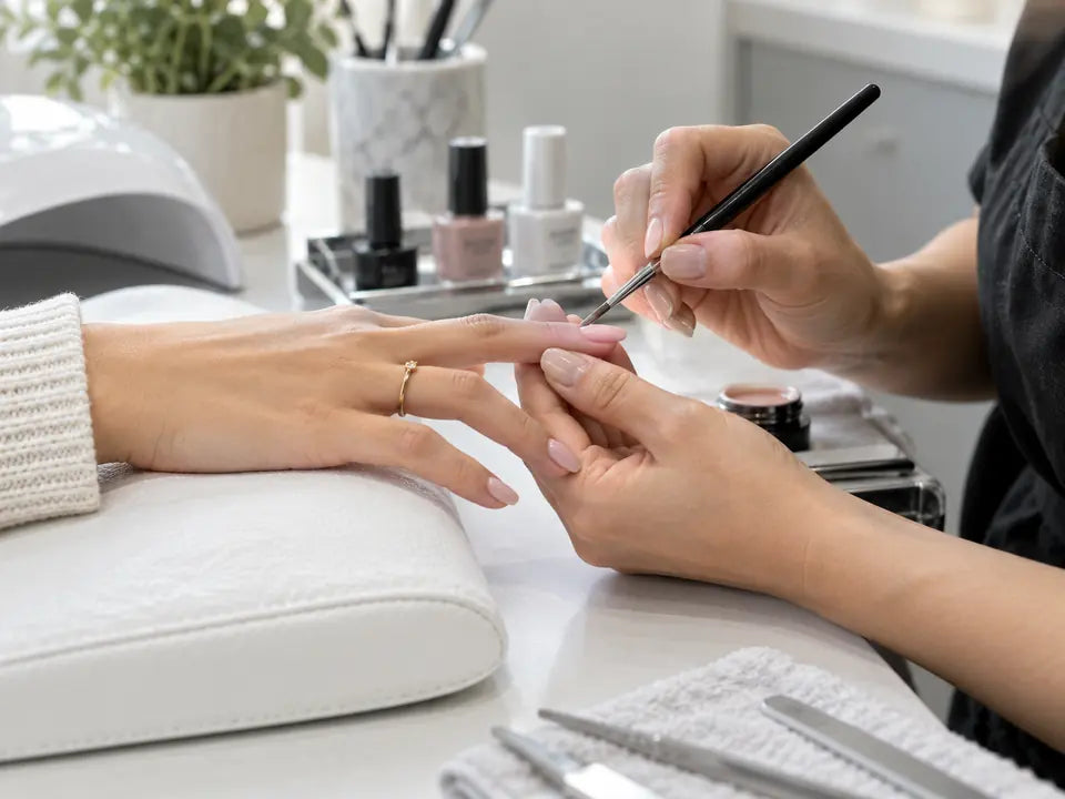 Nail technician applying gel during a manicure
